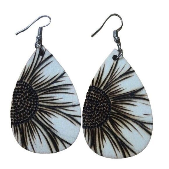 Sunflower Wood Burned Earrings Teardrop Dangle Boho Chic Lightweight - Picture 1 of 6